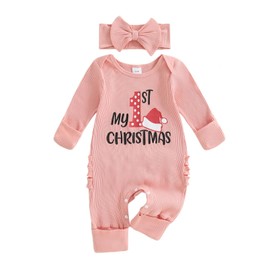 My First Christmas Baby Girl Outfit Newborn Long Sleeve Romper Onesie Infant Jumpsuit Fall Winter Clothes Outfits (Santa Hat, 0-3 Months)