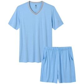 MoFiz Mens Summer Pajamas Sets Short Sleeve Sleepwear Cotton Lightweight Soft Loungewear Nightwear With Pockets Sky Blue XL