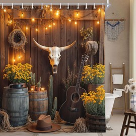 Dongbei - Cortina de ducha de vaquero occidental, cortina de baño para puerta de granero, cortina de baño con botas vaqueras florales, Texas Retro rústico suroeste con ganchos, 70 x 70 pulgadas