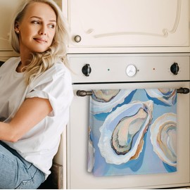 Exqcom Abstract Oyster Beach Kitchen Towels, Blue Coastal Beachy Nautical Hand Towels for Bathroom Kitchen, Ocean Pastel Oyster Shell Decorative Dish Towels Drying Cloth, 16x24 Inch