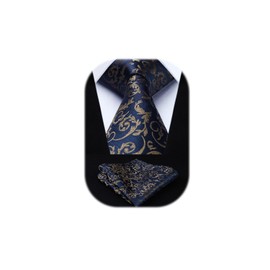 HISDERN Extra Long Floral Paisley Tie Handkerchief Men's Necktie & Pocket Square Set, XL, 63 inches length, Brown & Navy Blue 2