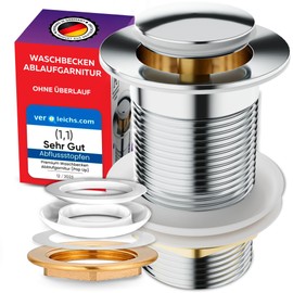 M. Rosenfeld Home Sink Drain Fitting, no Overflow, with Button, Chrome Pop-Up Drain Valve, Pop-Up Drain Fitting for Washbasins, Stainless Steel & Brass Sink Plug, 1 1/4 Inches/3.2 cm, Easy