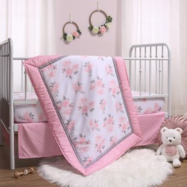 The Peanutshell Pink Floral Crib Bedding Set for Baby Girls, 3 Piece Nursery Collection