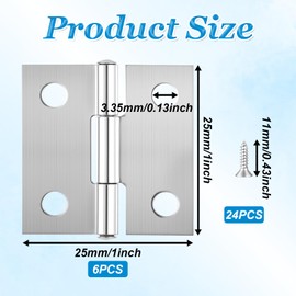 6 PCS Small Door Hinges, 1 Inch Mini Hinges for Crafts Stainless Steel Small Butt Hinge Folding Craft Hinge with Mounting Screws for DIY Wooden Boxes Cabinets Woodworking Craft Project, Silver