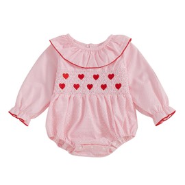 mlpeerw My First Valentines Baby Girl Outfit Newborn Heart Smocked Bubble Romper Bodysuit Cute Valentines Clothes