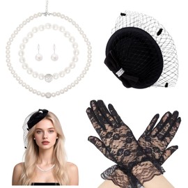 Heliltd 5pcs Fascinator Hat Set for Women 20s Pillbox Hat Tea Party Veil Headwear Accessories with Lace Gloves Pearl Jewelry