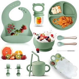 12PCS Vajillas Platos para Niño Silicona,Set Alimentacion Complementaria Niños,Set Alimentacion Complementaria Niños sin Bpa,Antideslizante,Fácil de Limpiar,Apto para Microondas. (Verde Militar)