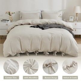 annadaif Duvet Cover King Beige (104x90 Inch), 3 Pieces (1 Duvet Cover, 2 Pillowcases) Soft Washed Microfiber Bow tie Bowknot Duvet Cover Set, Easy Care Bedding Set for Men, Women