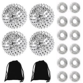 Pack of 4 Metal Hedgehog Balls + 12 Massage Rings for Fingers + 2 Storage Bags, Hedgehog Ball Hard for Hand and Foot Massage, Multifunctional Hedgehog Ball Small for Stress, Hedgehog Ball, Hand