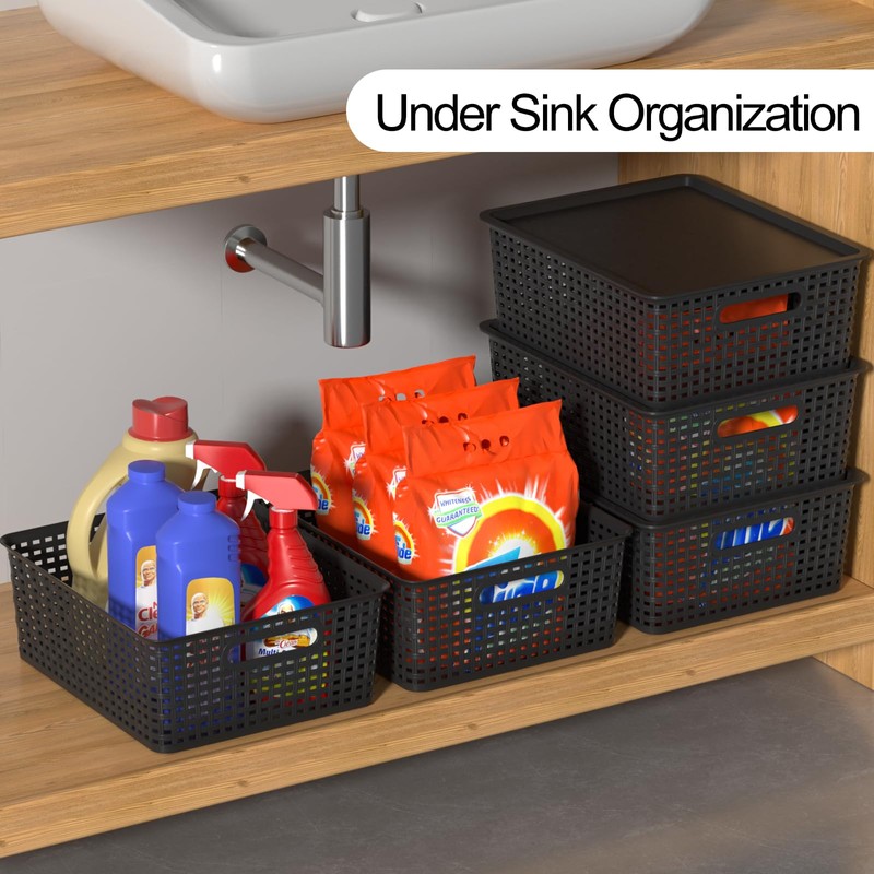 Xowine 6 Packs Plastic Woven Storage Basket with Lids, Lidded