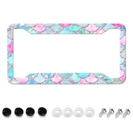 Colored Mermaid Scale Style License Plate Frame Stainless Steel License Plate Frame Rust-Proof Auto Parts Colored License Plate Cover Trim with Screw Dimensions, 12.2 "x 6.3"