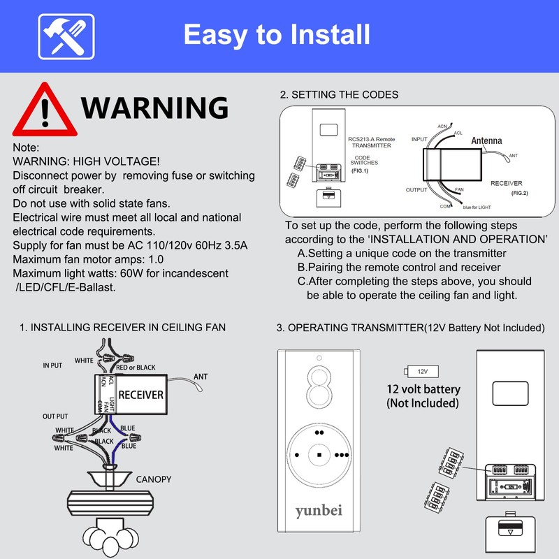 RCS213-A Universal Ceiling Fan Remote Control Kit Replacement for Hand-Held