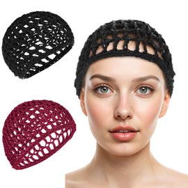 Heclia 2 PCS Mesh Crochet Hair Net Sleeping Bonnet Elastic Womens Wig Cap Keep Hair Anti-Frizz Mesh Hairnet Snoods, Wrap Net for Press Sleep Bonnets for Curly and Straight Loc Caps - Black & Wine Red
