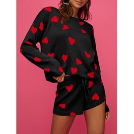 Saodimallsu Women’s Valentine's Day Pajama Set Hearts Print Lounge Sets Long Sleeve Sweater and Shorts 2 Piece Outfits Black