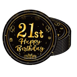 POPOYU 16pcs Black and Gold Paper Plates 21st, Happy Birthday Tableware Paper Plates 7 Inch,Happy 21st Birthday Decorations Plates for Men,Women,Him,Her 21st Birthday Gifts Party Supplies