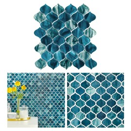 Tenedos HTC296 Celestial Wave Arabesque Glass Mosaic Tile – Iridescent Blue Gray Curved Pattern for Backsplash, Bathroom, Shower & Accent Walls (1 Sheet)