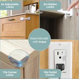 Inaya Kit Completo de Protección para Bebés - Cerraduras Ocultas de Seguridad Infantil para Gabinetes y Cajones, Cerrojos de Seguridad Ajustables, Protectores de Esquinas y Cubiertas de Enchufes