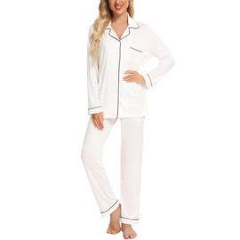 Pjmlifecoco Women Pajamas Set Notch Collar Soft Sleepwear Pjs Long Sleeve Button Down Nightwear White