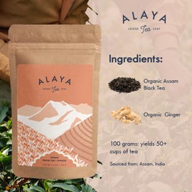 Alaya Tea - Assam Black Tea with Ginger - Masala Chai Blend - Robust CTC Black Tea and Dried Ginger from Women-Grown Gardens - Ideal for Daily Rituals - Pair with Stainless Steel Strainer - 100g