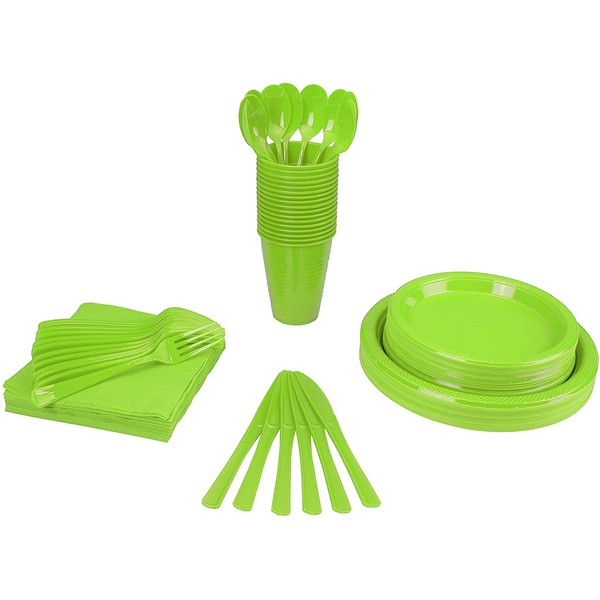 350 PCS Disposable Tableware Combo Pack INCLUDES: 50 9" Lime Plastic dinner plates | 50 7" plastic appetizer plates |50 plastic cups | 50 paper napkins | 50 plastic cutlery spoons forks & knives