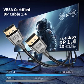 Critin 8K DisplayPort Cable 1.4, 6.6FT DP Cord (VESA Certified, 8K@60Hz, 4K@144Hz), 32.4Gbps High Speed Display Port Cable for Gaming Monitor, HDR/FreeSync/G-Sync, Braided & Gold-Plated (DP to DP)