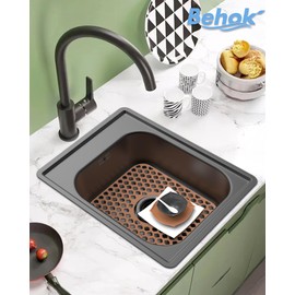 BEHOK 2 Pack Silicone Sink Protector for Kitchen Sink Bathroom, 13.58"x 11.6" Heat-resistant Sinks Mat, Non-Slip and Durable Sinks Protectors Silicone, Center Drain (Coffee)