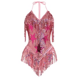 ABEHIK Women Sequin Fringe Romper Sparkly Glitter Bodysuit Halter V-Neck Backless Shorts Dress Disco Birthday Dance Outfit, Pink, Small