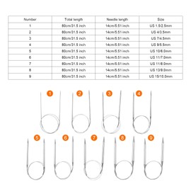 HARFINGTON 9pcs Circular Knitting Needles Set 31.5" Stainless Steel Knitting Needles 5.51" Short with Large Eye Sewing for Fast Knitting Sweater Sleeves