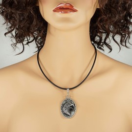 Unisex Eagle Head Pewter Pendant & Black Greek Leather Cord Necklace 18, 20 or 24 inch