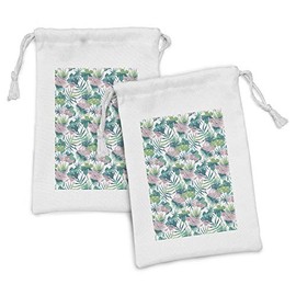 Lunarable Hawaiian Fabric Pouch Set of 2, Floral Pattern Image of Exotic Palm Tree Leaves in Vintage Style, Small Drawstring Bag for Toiletries Masks and Favors, 9" x 6", Ivory Teal and Pale Pink