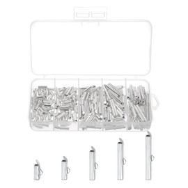 sourcing map 200Pcs Slide on End Clasps, 10/13/20/25/30mm Tube Ball Bead Slider Crimp Ends for Multi-Strand DIY Craft Making, Silver White