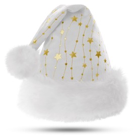 KONVINIT Plush Christmas Hat Adult Santa Hat with Golden Star and Double Lining White Santa Claus Hat for Men and Women, Santa Claus Costume Accessories, White