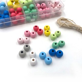 Pack of 120 Coloured Round Wooden Beads, 10 mm Wooden Beads with 1.5 m Rope, Wooden Heads for Lucky Worms Beads for Key Chains, Natural Wooden Beads for Worry Worm, DIY Macrame Accessories