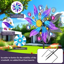 Jusimux Metal Wind Spinner Outdoor, Purple Flowers Wind Sculpture Spinners with Metal Stake, Yard Art Decor for Patio, Lawn & Garden, Creative Gifts 57.5 * 13.3 Inch