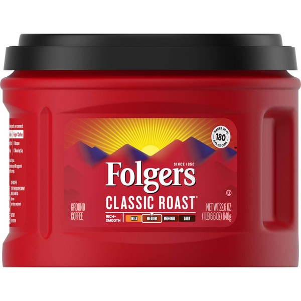 Folgers Classic Roast Medium Roast Ground Coffee, 22.6 Ounces (Pack of 6)