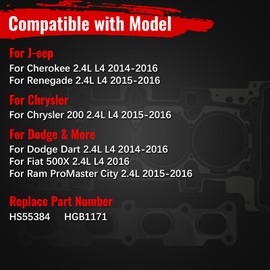 HGB1171 Head Gasket Set for J-eep Cherokee Renegade 2.4L 2015 2016, for Chrysler 200 2.4 15-16,for Dodge 2.4 Dart 2014-2016, for Fiat 500X for Ram ProMaster City 2.4 L 16 HS55384 Cylinder Gasket