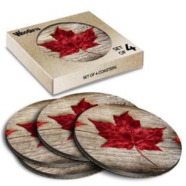 4 x Round Coasters - Canada Maple Leaf Travel Flag Cork Backed MDF Glossy Tea Coffee Accessory #50439