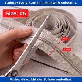 Endless Zipper, 330 cm Total Length, Size #5, Grey, Non-Separable, Width 32 mm, Teeth Width 6.5 mm, Set of 15 x Metal Zip Slider Tabs, Zip Spiral with Pendants, DIY Kit