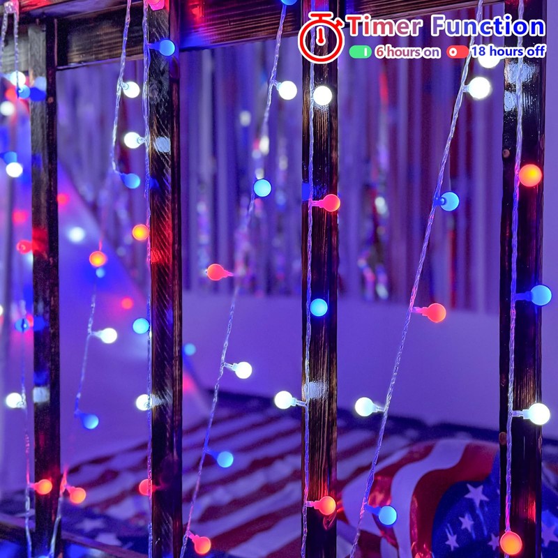 YEGUO Red White and Blue Globe String Lights, 33ft 100LED
