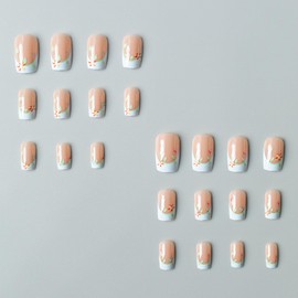 MERVF Square Press on Nails Medium Fake Nails Light Blue French Tip Glue ons Flower Lace Acrylic Nail Supplies Art DIY Squoval Manicure 24pcs Glossy