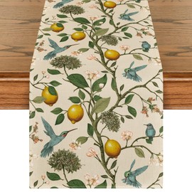 Artoid Mode Brown Lemon Tree Bird Flower Summer Table Runner,Spring Kitchen Dining Table Decoration for Home Party Decor 13x48 Inch