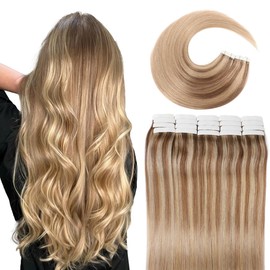 VINBAO Balayage Tape in Hair Extensions Human Hair Golden Brown Highlighted Fading to Golden Blonde Highlights With Highlighted 16 Inch 50g 20Pcs Tape in Hair Extensions(tape#10/16/16-16Inch)