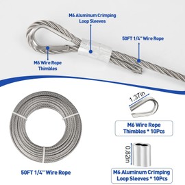 TooTaci 1/4 Stainless Steel Cable, 50ft 1/4 Wire Rope with Thimbles and Aluminum Crimping Sleeves, 7x19 Strands, 6400lbs Breaking Strength Heavy Duty Aircraft Cable for Yard Zipline, Boat Lift