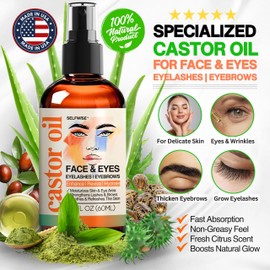 Organic Castor Oil For Face Moisturizer, Eyes, Eyelashes, Eyebrows, Wrinkles with Jojoba, Rosehip, Grapeseed, Squalane, Palmarosa, Bergamot and Vitamin E for Sensitive Skin, Men & Women 2oz
