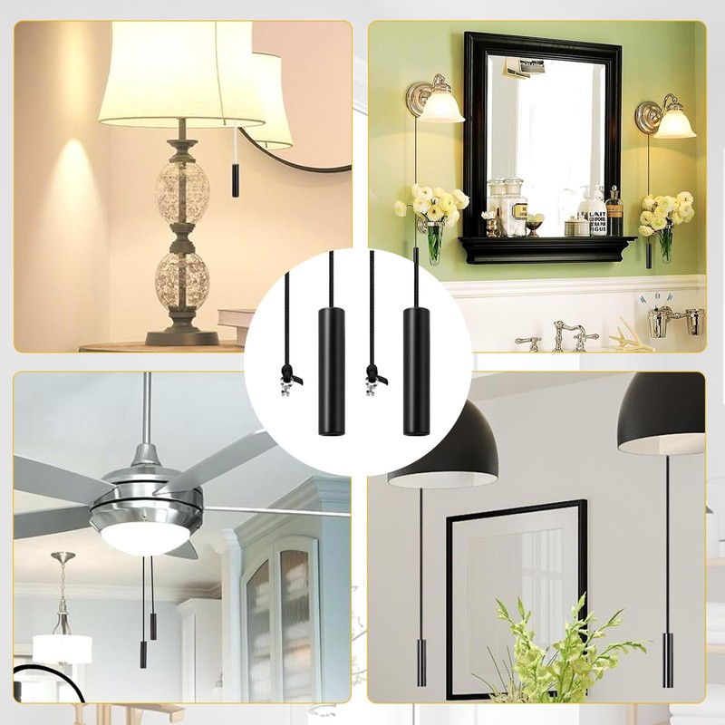 ZPSCXQ Bathroom Light Pull Cord, 2-Pack Black Pull Cord Light