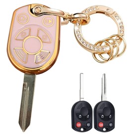 for Ford Escape Explorer Mustang Transit Fusion Focus Lincoln Zephyr Mercury Grand Marquis Keyless Entry Systems Key Fob Shell with Keychain (4 Buttons Pink-Gold)