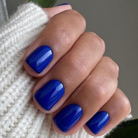 Blue Press on Nails Short Square Fake Nails with Designs Solid Colour False Nails Acrylic Glossy Full Cover Glue on Nails Press ons Cute Artificial Stick on Nails for Women Decorations 24 Pcs