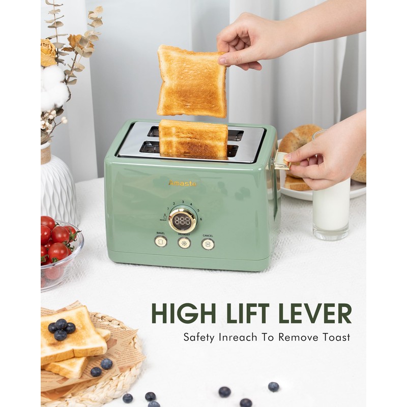 2 Slice Toaster, Retro Bread Toaster with LED Display, Extra