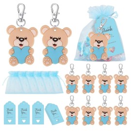 Yunmoxiao 10 Sets Bear Baby Shower Favors Bear Party Favors, Cute Keychain with Organza Bags Thank You Kraft Tags for Guests Theme Party Favor Birthday Party Supplies(Blue, Cute)