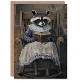 Artery8 Greeting Card Raccoon Reading Bedtime Story on Rocking Chair Blank For Him Or Her Art Birthday Card